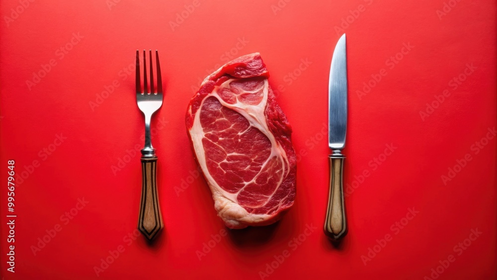 Raw steak and cutlery arranged on bold red background, representing meat-focused diets, keto, carnivore, raw meat Raw steak and cutlery arranged on bold red background, representing meat-focused diets, keto, carnivore, raw meat