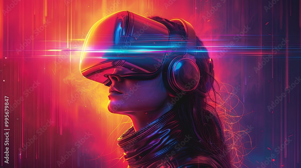 Woman wearing a futuristic helmet standing in a virtual world, digital art style, illustration painting Woman wearing a futuristic helmet standing in a virtual world, digital art style, illustration painting