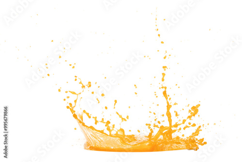 Orange Mango Juice pouring and splash as crown water. Orange Mango Juice explode bubble splash in mid air. Orange juice element water. White background isolated photography