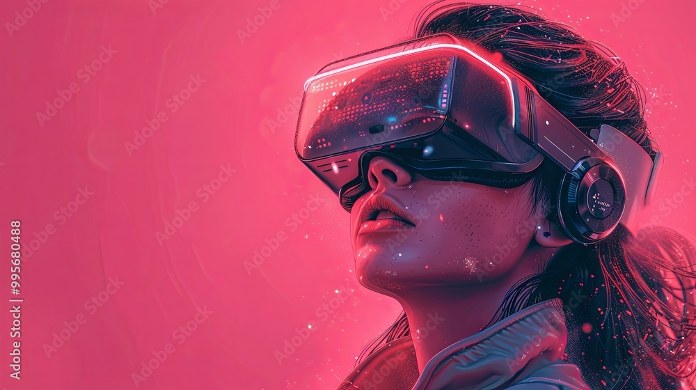 Woman wearing a futuristic helmet standing in a virtual world, digital art style, illustration painting Woman wearing a futuristic helmet standing in a virtual world, digital art style, illustration painting