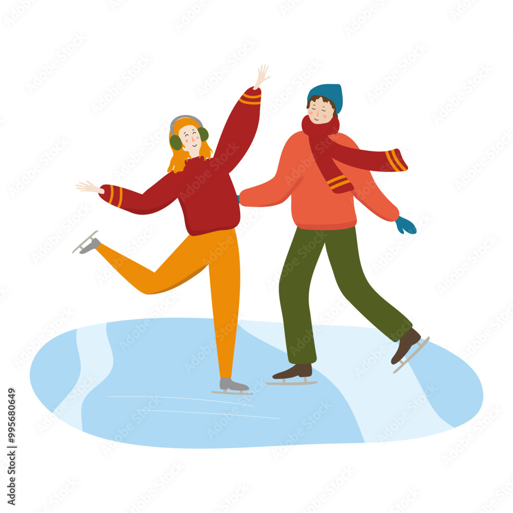 Obraz premium Couple ice skating on ice rink vector illustration. Happy young man and woman figure skating isolated on white background. Winter dating, leisure time activity for Christmas card, seasonal banner