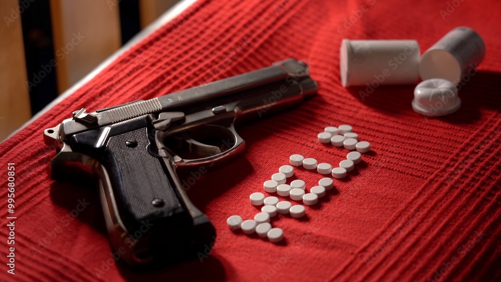 Overdosing on pills pillows and drugs to fight depression and attempting suicide with gun pistol, people abusing medicines leading to physical dependence and death. Mental illnesses and drug overdoses