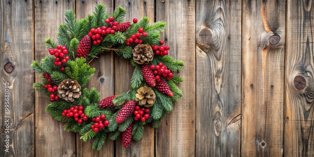 Elegant Christmas wreath with red berries and pinecones on rustic wooden door , holiday, decoration Elegant Christmas wreath with red berries and pinecones on rustic wooden door , holiday, decoration