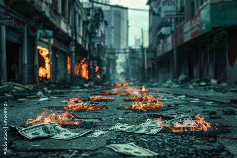 Pan around a deserted street lined with burning dollars, evoking a sense of dystopian decay and social unrest. , background blur Pan around a deserted street lined with burning dollars, evoking a sense of dystopian decay and social unrest. , background blur
