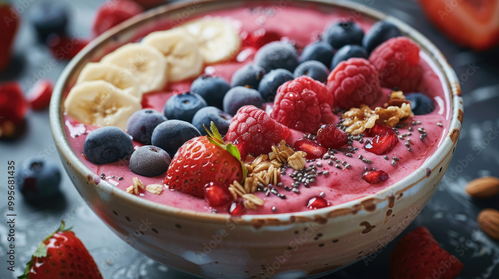 Fresh Smoothie Bowl Beautifully Decorated with Vibrant Fruits and Crunchy Nuts for a Healthy Breakfast Fresh Smoothie Bowl Beautifully Decorated with Vibrant Fruits and Crunchy Nuts for a Healthy Breakfast