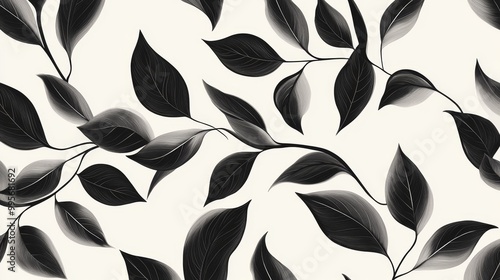 Black and White Leaf Pattern, White Background, Watercolor, Minimalist, Botanical, Leaves, Nature