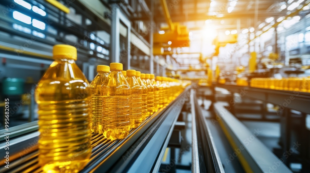 Bottles of Oil on a Conveyor Belt in a Factory, Food Production, Manufacturing Process, Industrial Automation Bottles of Oil on a Conveyor Belt in a Factory, Food Production, Manufacturing Process, Industrial Automation