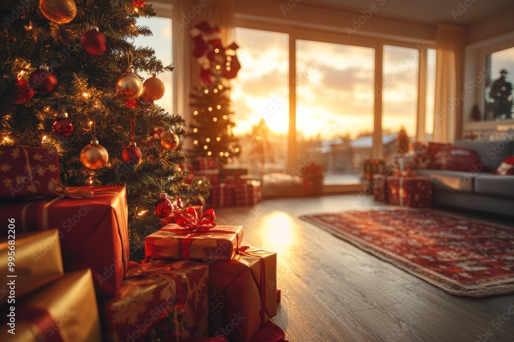 Fototapeta premium Sunlit living room with a decorated Christmas tree and wrapped presents creating a cozy and festive holiday atmosphere filled with warmth and family celebration