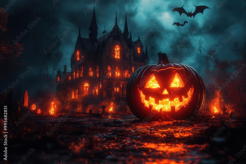 a spooky halloween night set against a dark sky featuring a haunted castle flickering pumpkin flames and bats soaring through a ghostly graveyard a spooky halloween night set against a dark sky featuring a haunted castle flickering pumpkin flames and bats soaring through a ghostly graveyard