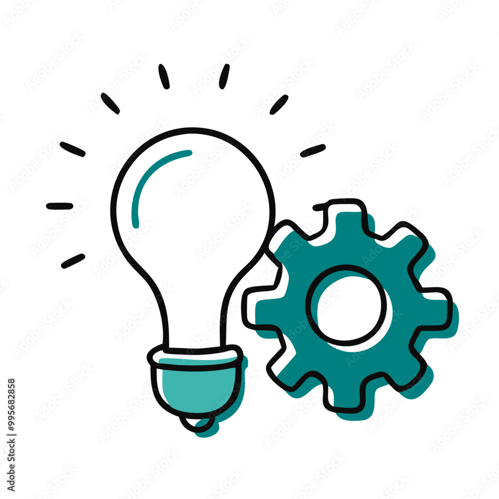 Lightbulb with gear icon, teal and white, innovation and technology concept Lightbulb with gear icon, teal and white, innovation and technology concept