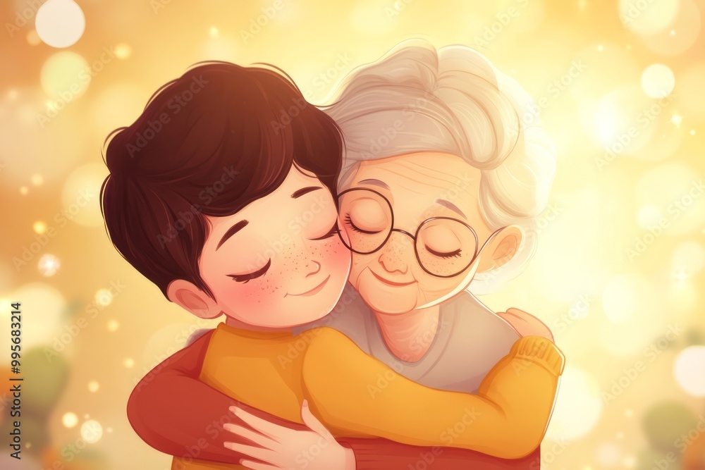 a cartoon style picture of a boy hugging his grandma