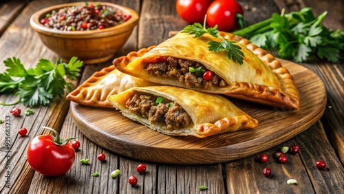 Delicious golden cheburek pastry, overflowing with juicy meat and aromatic spices, rests on a rustic wooden table, photo