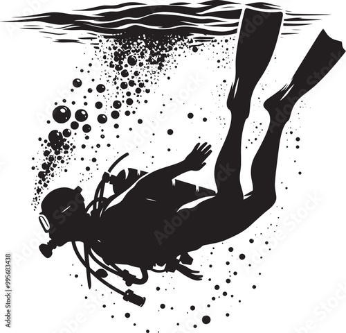 Underwater Scuba Diving silhouette vector illustration isolated on a white background