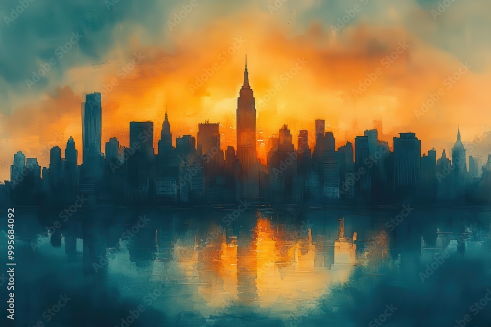 a stunning watercolor painting depicts a bustling urban cityscape with skyscrapers enveloped in a mesmerizing blend of orange and teal capturing the essence of dynamic city life a stunning watercolor painting depicts a bustling urban cityscape with skyscrapers enveloped in a mesmerizing blend of orange and teal capturing the essence of dynamic city life
