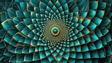 Abstract fractal pattern with teal and gold geometric spiral design in digital artwork
