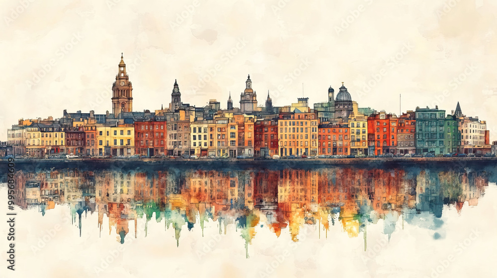 Obraz premium Dublin, Ireland, color pen pencil hand-drawn effect drawing illustration for travel poster, card, wallpaper, backdrop or banner. Modern, clear, artistic and simple