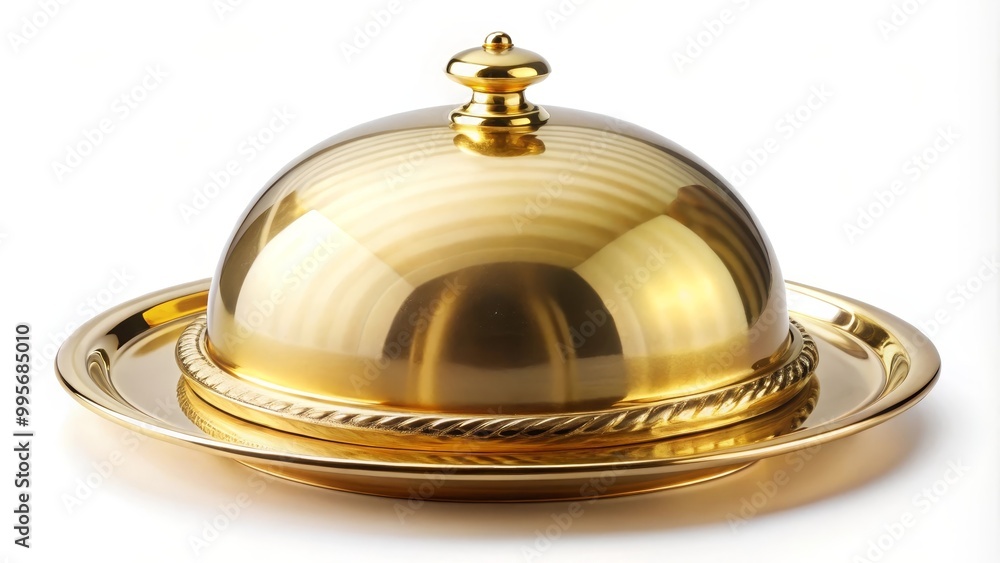 Shiny golden empty cloche with its tray on a white background Shiny golden empty cloche with its tray on a white background