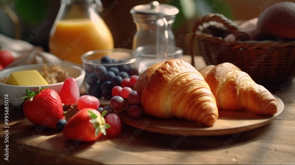 Continental breakfast with croissants, jam, butter, fresh fruit, and coffee, Rustic background Continental breakfast with croissants, jam, butter, fresh fruit, and coffee, Rustic background