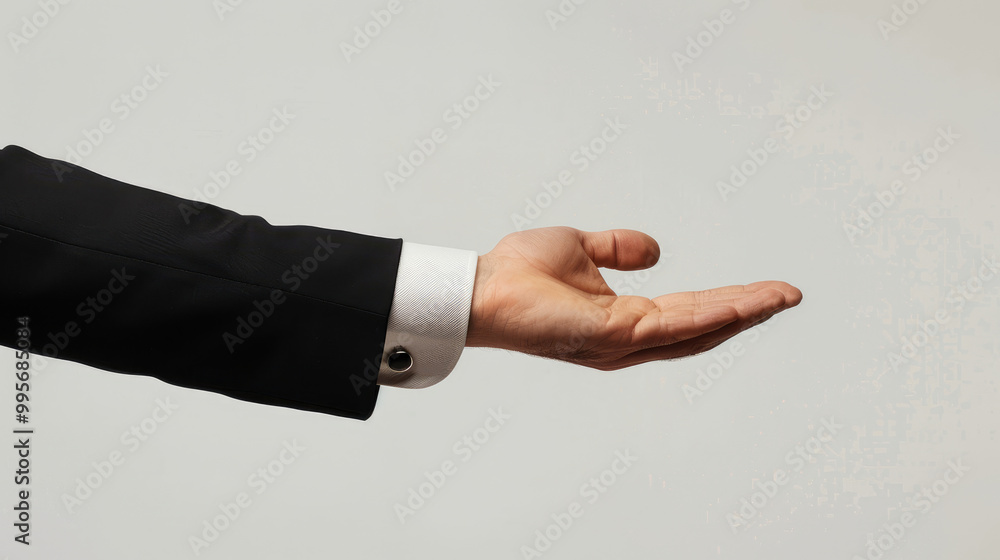 side view of arm with hand offering something in black business attire isolated on white background side view of arm with hand offering something in black business attire isolated on white background