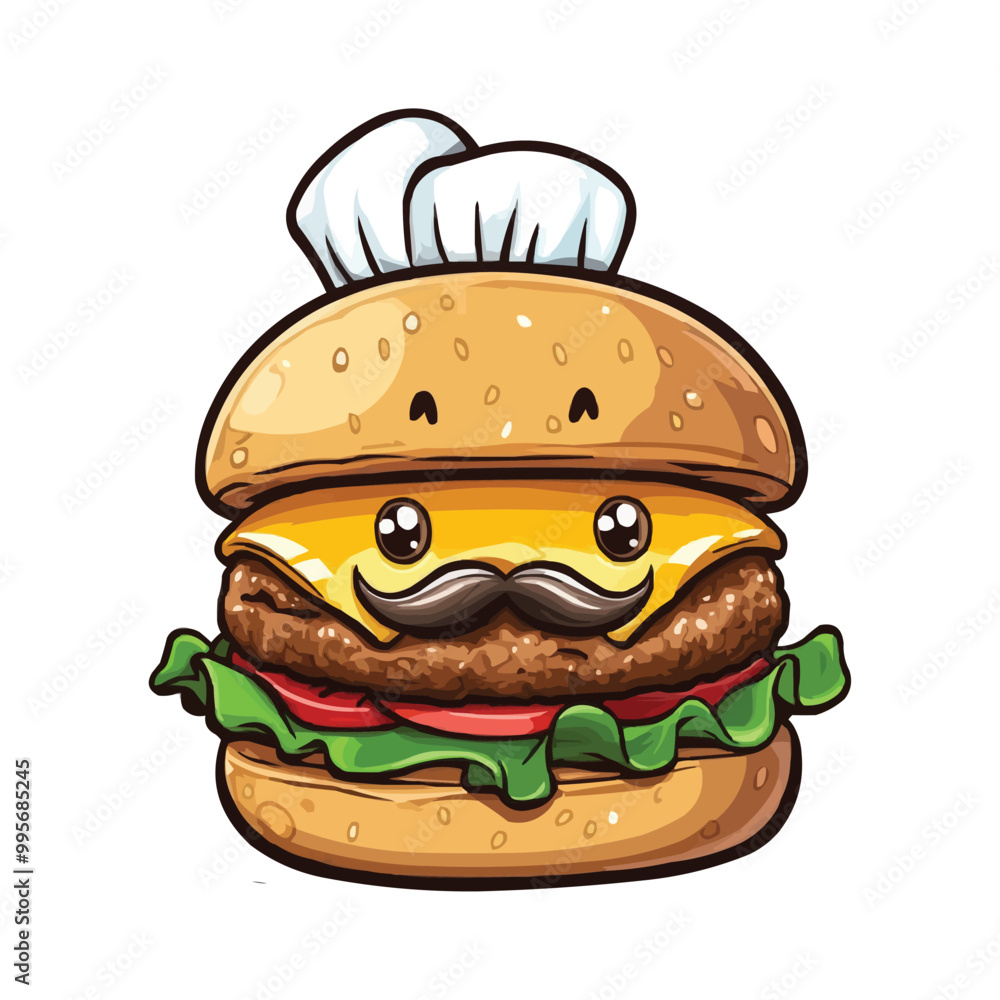 Cute cartoon vector clipart of a burger with a mustache and chef's hat on a white background Cute cartoon vector clipart of a burger with a mustache and chef's hat on a white background