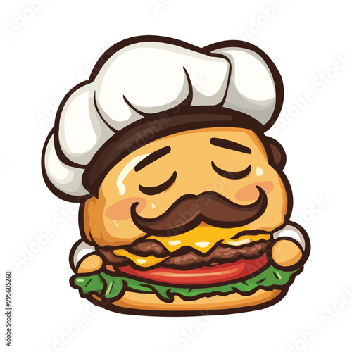 Cute cartoon vector clipart of a burger with a mustache and chef's hat on a white background
