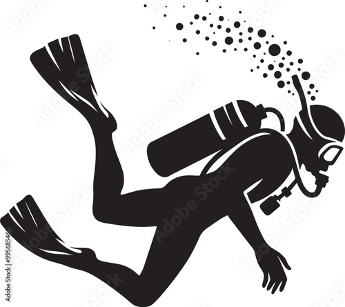 Underwater Scuba Diving silhouette vector illustration isolated on a white background