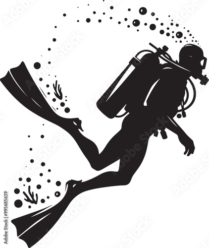 Underwater Scuba Diving silhouette vector illustration isolated on a white background