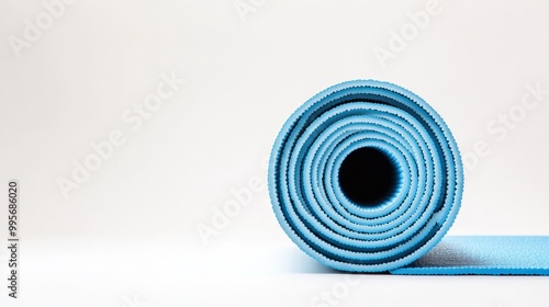 Rolled Blue Yoga Mat on White Background, Yoga, Exercise, Fitness