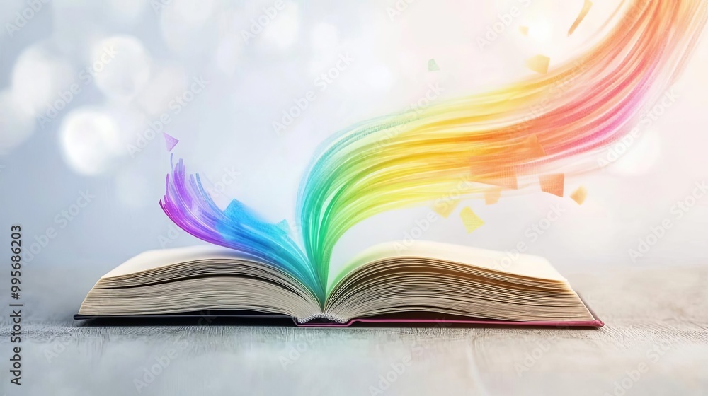An open book with colorful stream of light, symbolizing creativity and knowledge. An open book with colorful stream of light, symbolizing creativity and knowledge.