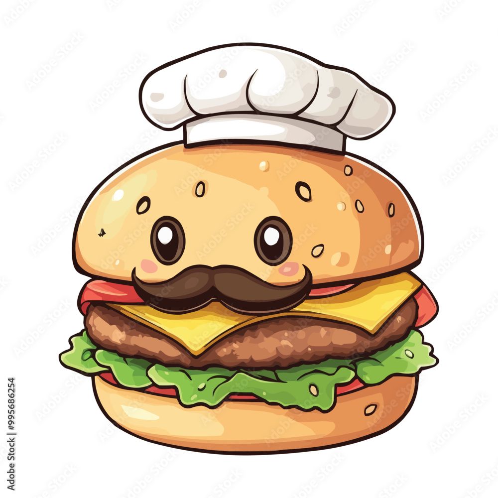 Cute cartoon vector clipart of a burger with a mustache and chef's hat on a white background Cute cartoon vector clipart of a burger with a mustache and chef's hat on a white background