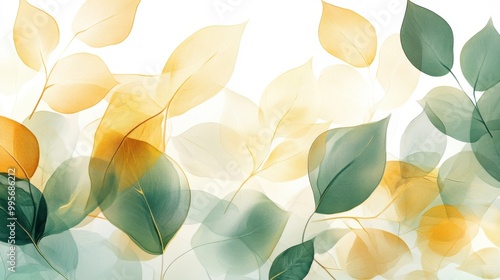 Abstract watercolor leaves in green and yellow hues on a white background