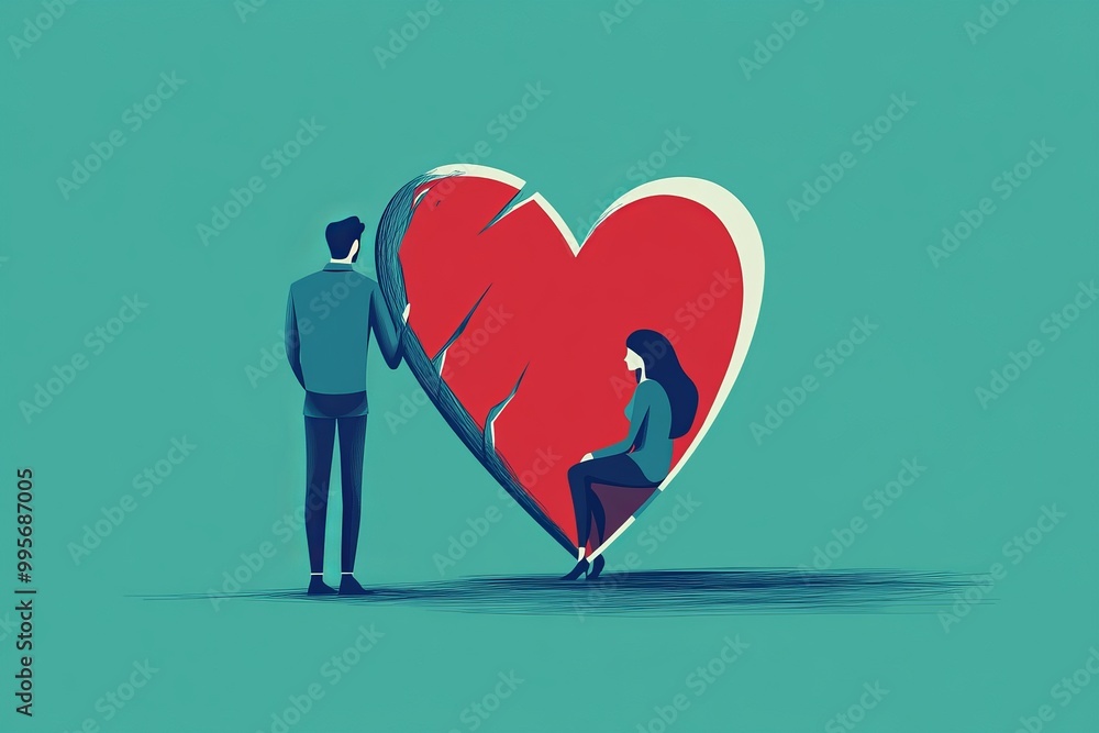 A man holding a broken heart in front of him. Sitting on it is a woman ...