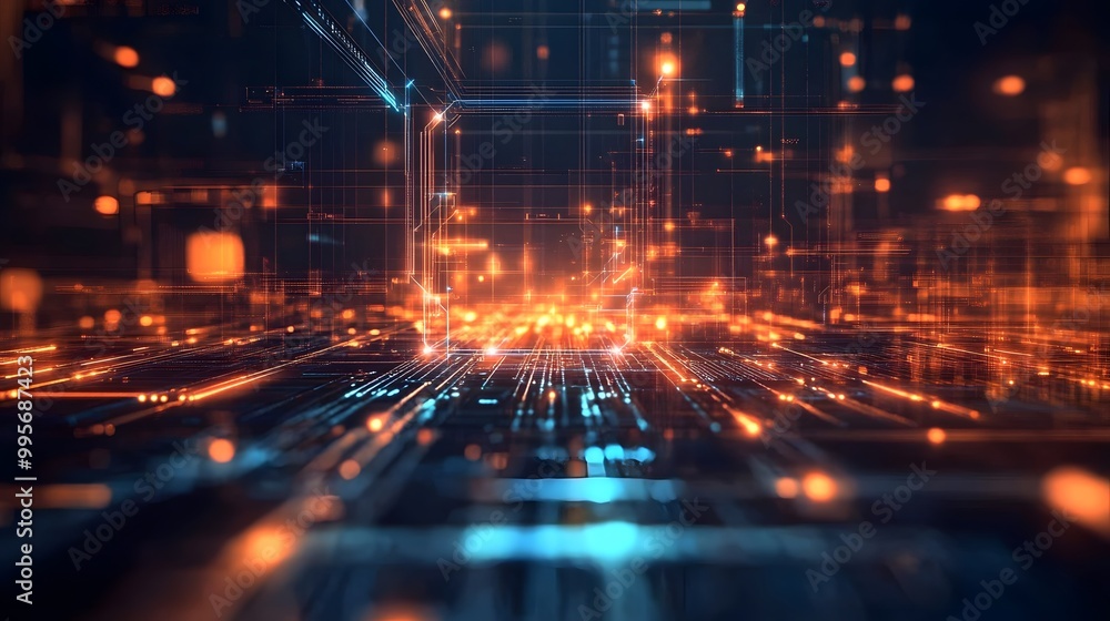 Symmetrical tech grid with glowing elements on a muted background Symmetrical tech grid with glowing elements on a muted background