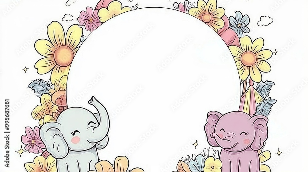 Cute Cartoon Elephants with Floral Frame and Blank Circle Cute Cartoon Elephants with Floral Frame and Blank Circle