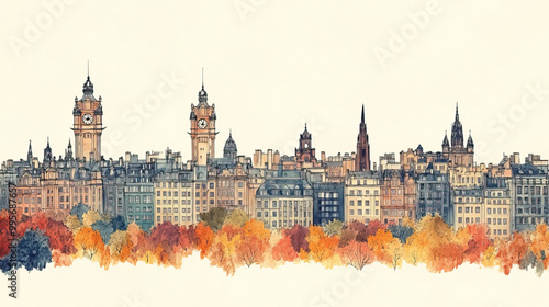 Edinburgh, color pen pencil hand-drawn effect drawing illustration for travel poster, card, wallpaper, backdrop or banner. Modern, clear, artistic and simple