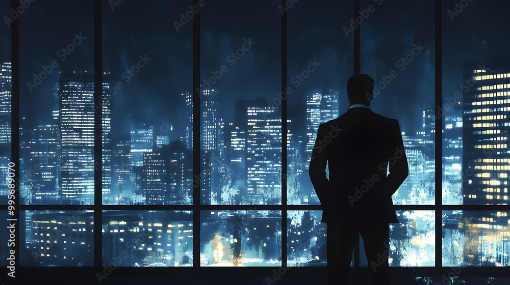 A Silhouetted Man Looking Out a Window at a City Skyline at Night A Silhouetted Man Looking Out a Window at a City Skyline at Night