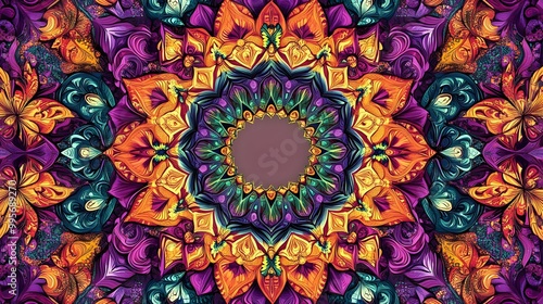 Wallpaper Mural Intricate kaleidoscope design with vibrant floral and geometric patterns in vivid neon colors radiating from a dark central space Torontodigital.ca