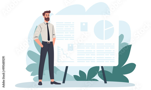 Flat vector illustration. Man in a pensive pose standing in front of a large banner, making a presentation, thinking over a problem . Vector illustration