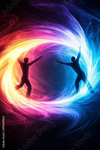 Two figures in colorful energy whirlpool, symbolizing duality and connection.