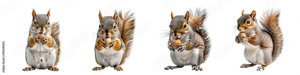 Set of squirrels holding nuts in various poses isolated on white background Set of squirrels holding nuts in various poses isolated on white background