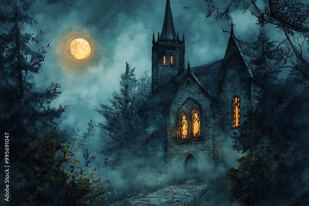 Eerie Gothic Church in the Moonlight. Eerie Gothic Church in the Moonlight.