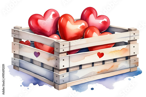 Charming watercolor illustration of a wooden crate filled with hearts, isolated on a transparent or white background. photo