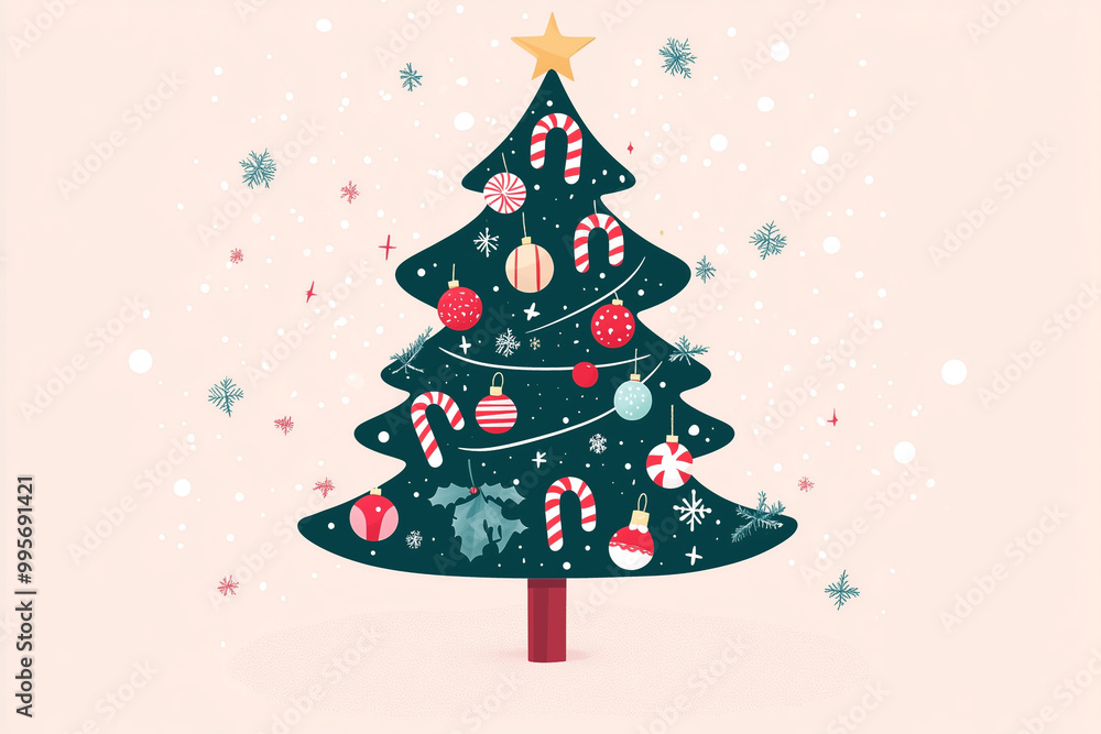 Whimsical Christmas tree decorated with candy canes. Flat cartoon. Whimsical Christmas tree decorated with candy canes. Flat cartoon.