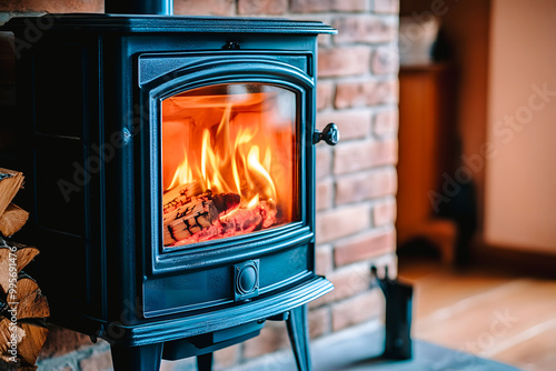 Poêle a bois avec feu dans une maison en hiver
