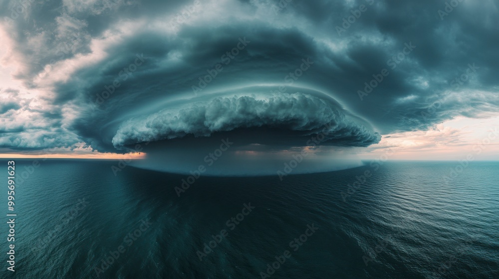 Fototapeta premium A dramatic cloud formation looms over the ocean, showcasing swirling patterns and moody colors, creating a captivating seascape.