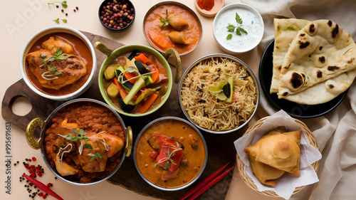 An upper view shot of an array of colorful Indian dishes. There are multiple dishes such as biryani, curries, rices, and naan bread. The dishes have vibrant colors