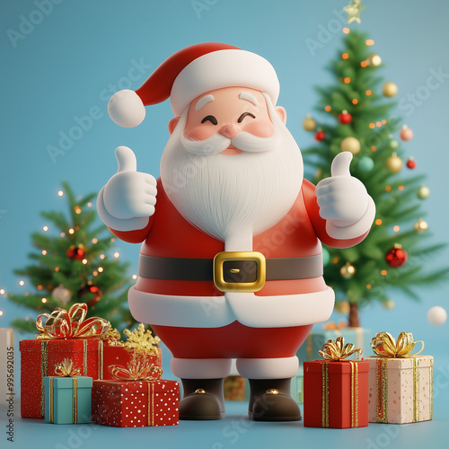 Santa Claus with thumbs up with gift boxes. Merry Christmas. 3D Cartoon illustration.