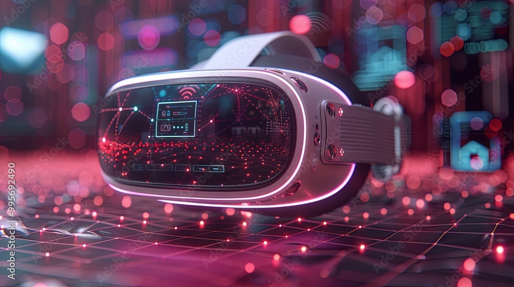 VR is surrounded by browsers, Wi-Fi icons, play icons on a purple background.-3d rendering VR is surrounded by browsers, Wi-Fi icons, play icons on a purple background.-3d rendering