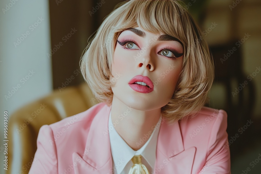 androgynous male wearing pink blazer white shirt ,white background androgynous male wearing pink blazer white shirt ,white background