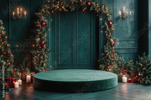 Christmas podium displaying with christmas trees, gift boxes and candles illuminating a dark green wall for product placement. Ideal for business events or promotions, with space for text or products